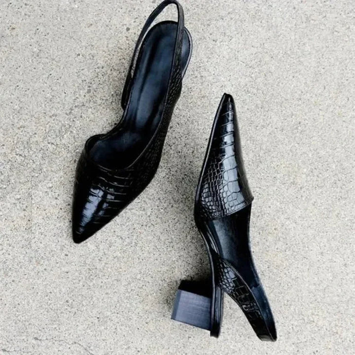 Mathilde | Escarpins Slingback Noir Cuir Croco Talon Bloc Bout Pointu