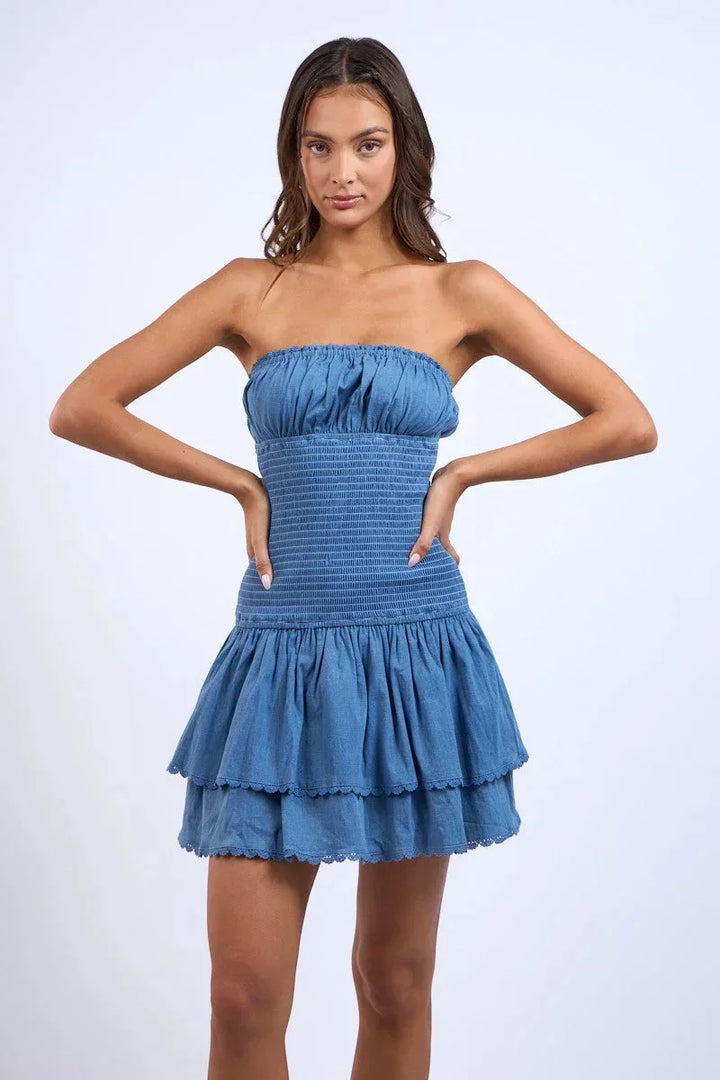 Mathilde | Robe Femme Mini Bustier Smockée Volants