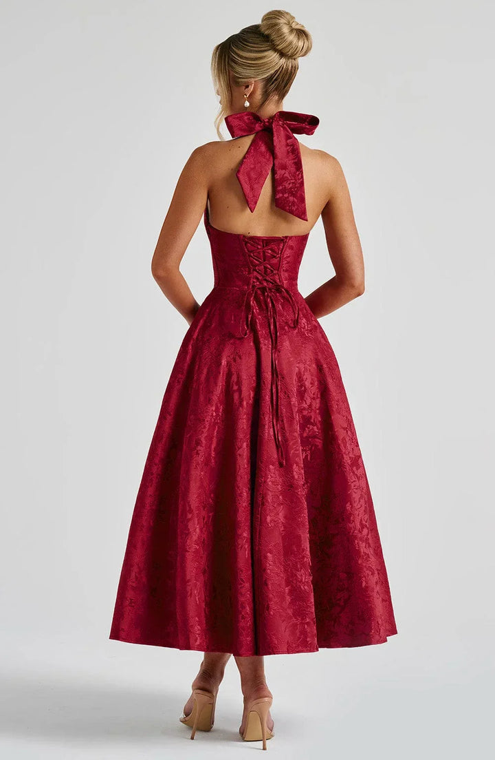 Mathilde | Robe Midi Évasée Femme Jacquard Jaune