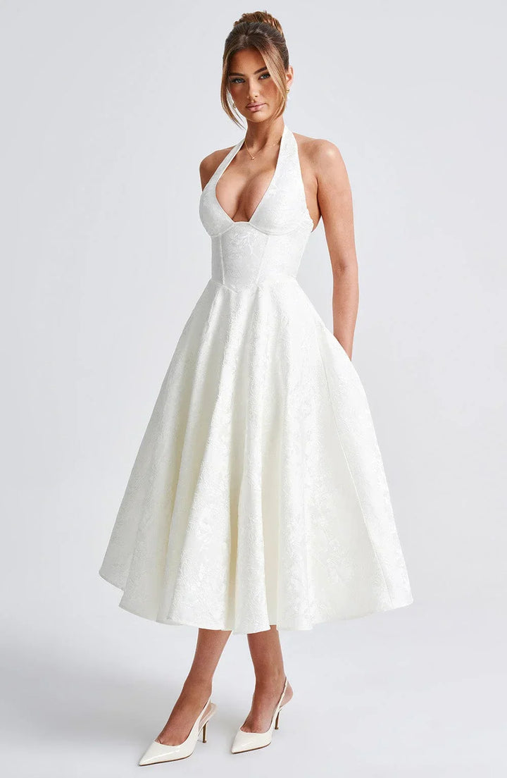 Mathilde | Robe Midi Évasée Femme Jacquard Jaune