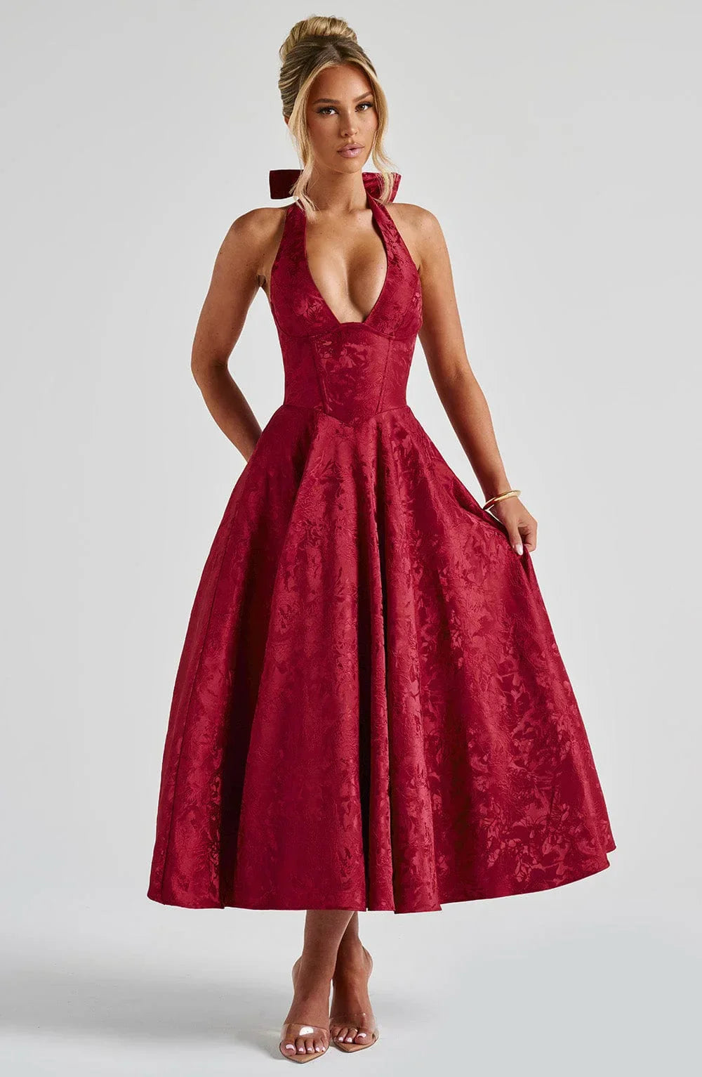 Mathilde | Robe Midi Évasée Femme Jacquard Jaune