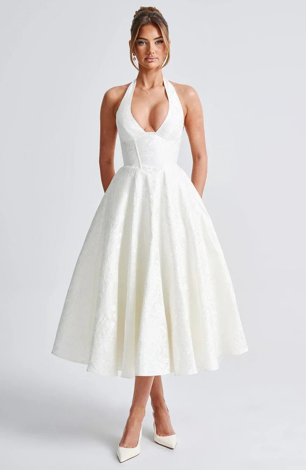 Mathilde | Robe Midi Évasée Femme Jacquard Jaune
