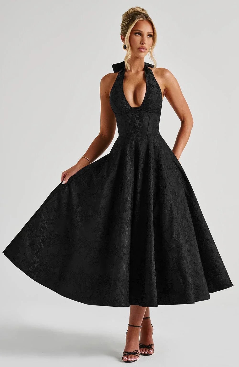 Mathilde | Robe Midi Évasée Femme Jacquard Jaune
