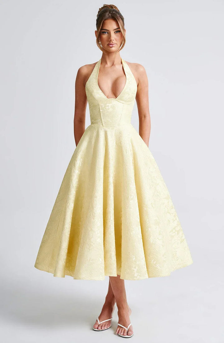 Mathilde | Robe Midi Évasée Femme Jacquard Jaune
