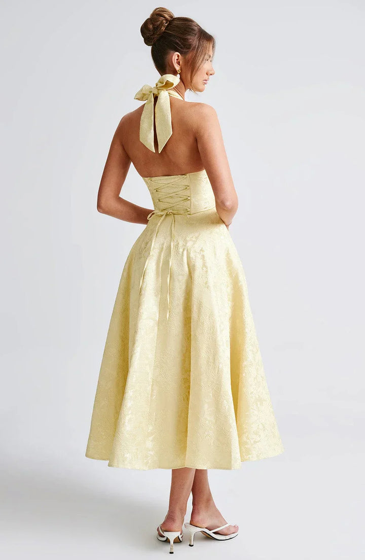 Mathilde | Robe Midi Évasée Femme Jacquard Jaune