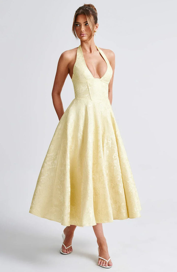 Mathilde | Robe Midi Évasée Femme Jacquard Jaune
