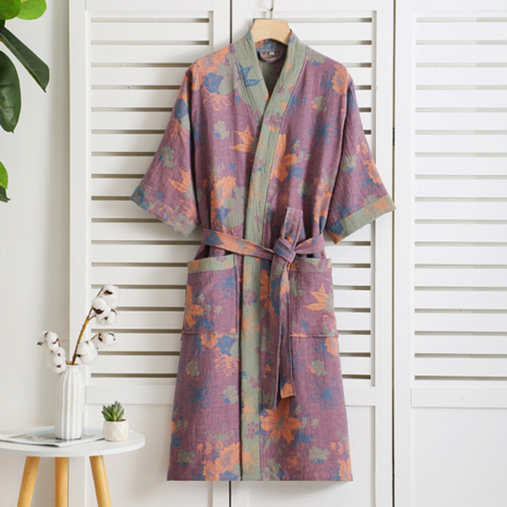 Maxence | Kimono Peignoir Rose Fleuri Cache-Cœur Manches Courtes