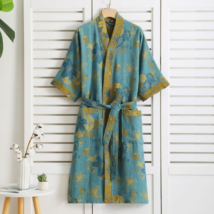 Maxence | Kimono Peignoir Rose Fleuri Cache-Cœur Manches Courtes