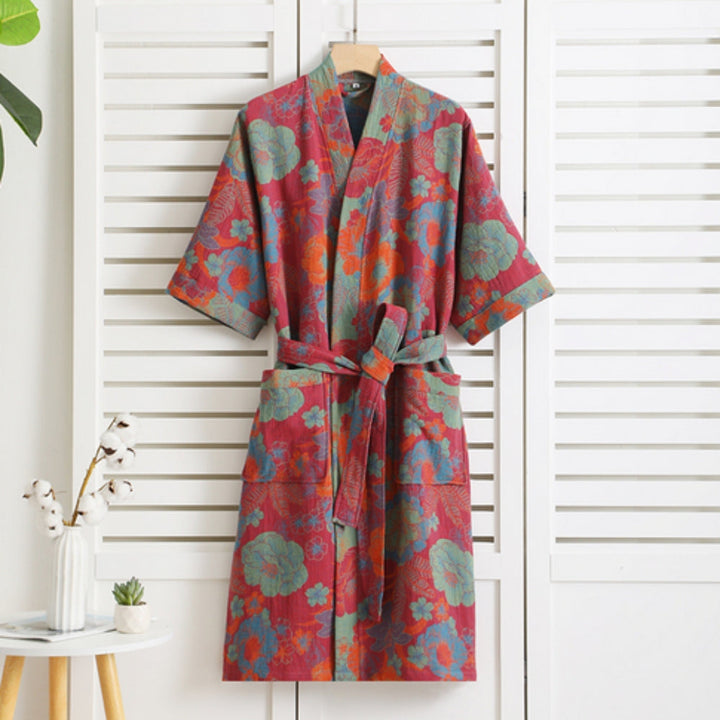 Maxence | Kimono Peignoir Rose Fleuri Cache-Cœur Manches Courtes