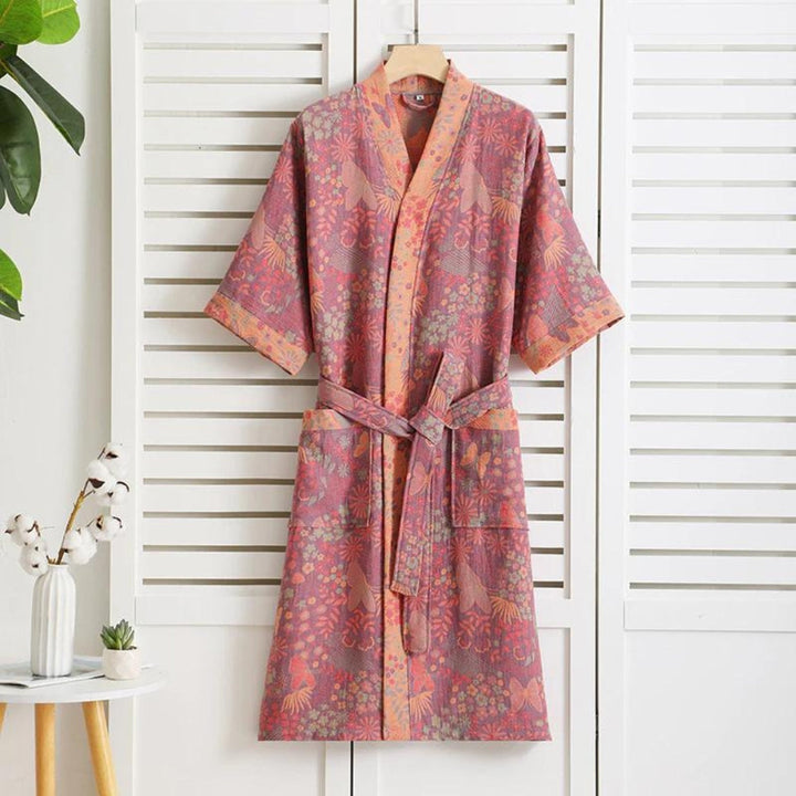 Maxence | Kimono Peignoir Rose Fleuri Cache-Cœur Manches Courtes