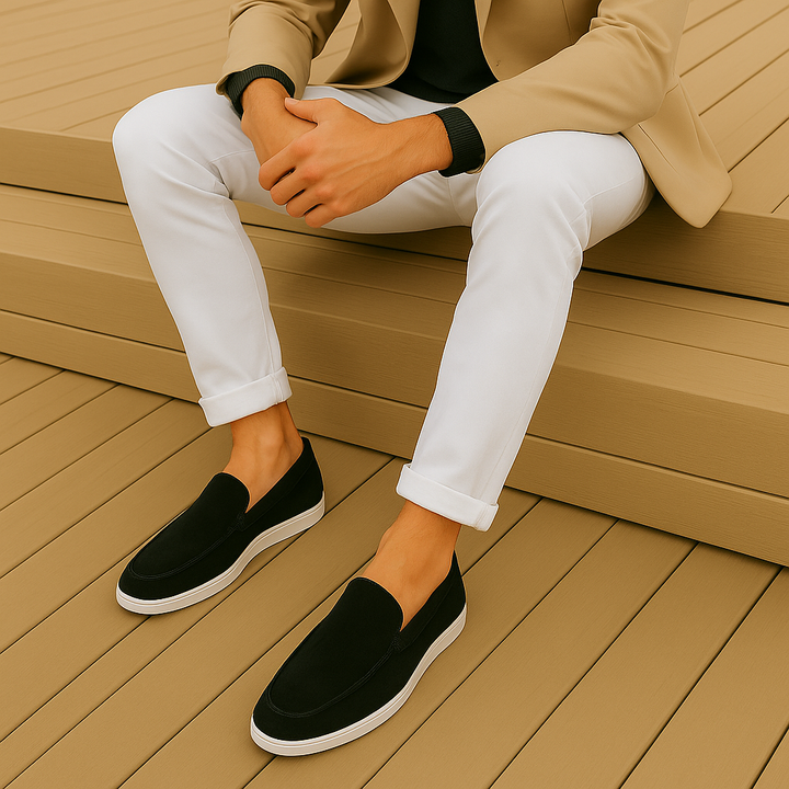 Mickaël | Mocassin Homme Femme Daim Noir Semelle Blanche