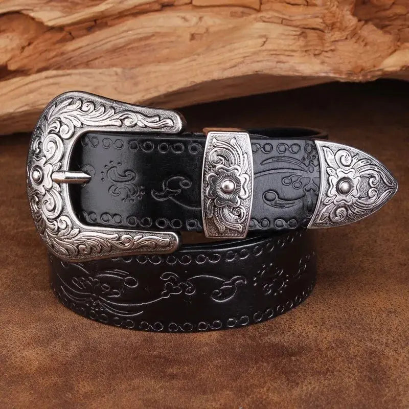 Morgan | Ceinture Western Cuir Marron Gravée Boucle Argentée