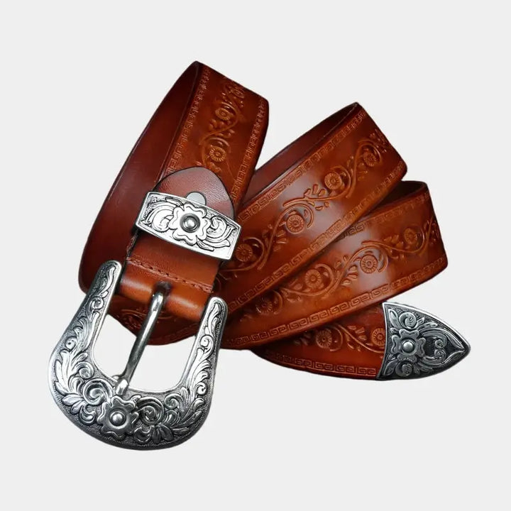 Morgan | Ceinture Western Cuir Marron Gravée Boucle Argentée