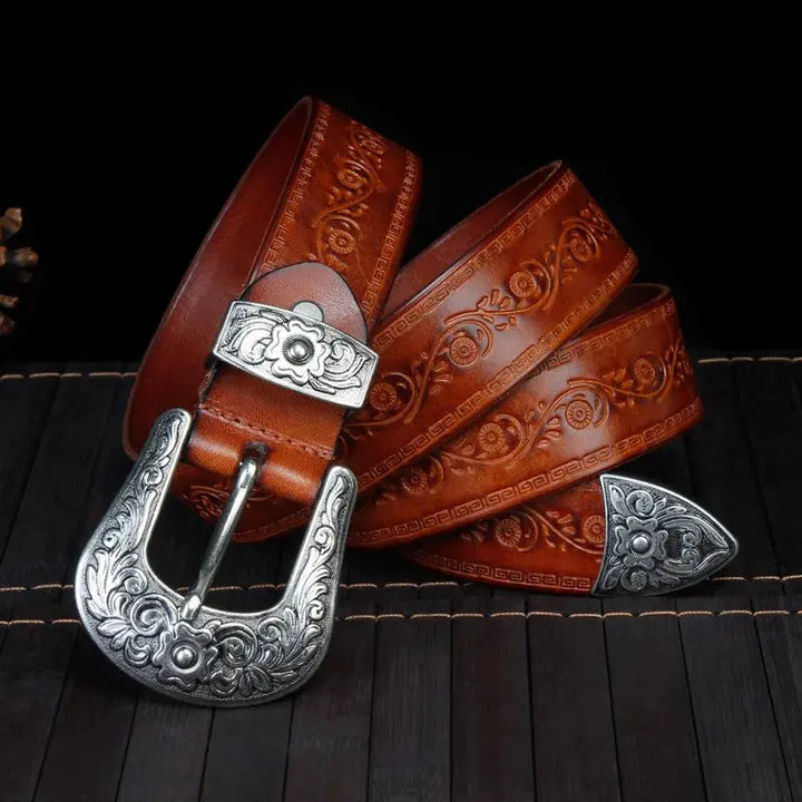 Morgan | Ceinture Western Cuir Marron Gravée Boucle Argentée