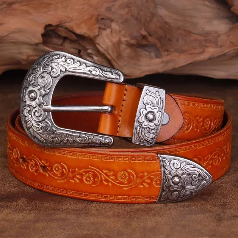 Morgan | Ceinture Western Cuir Marron Gravée Boucle Argentée