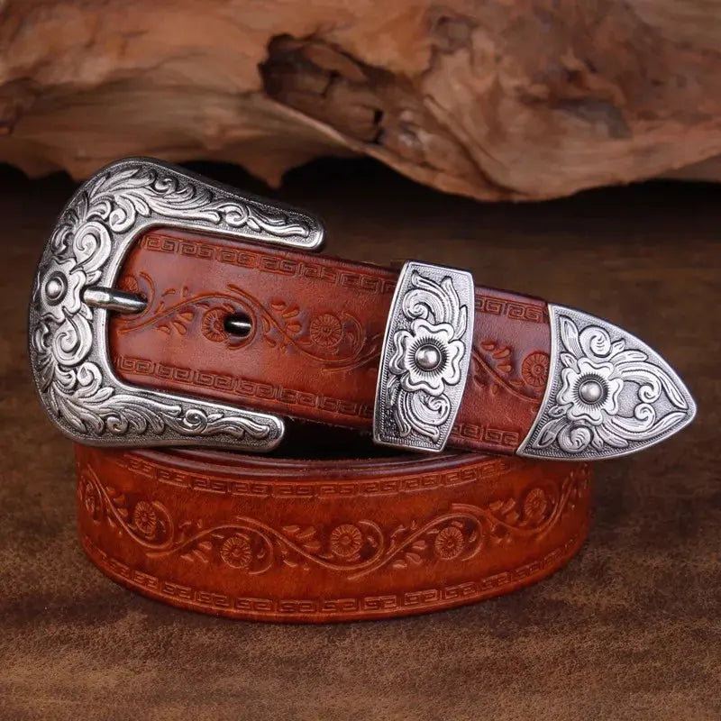 Morgan | Ceinture Western Cuir Marron Gravée Boucle Argentée