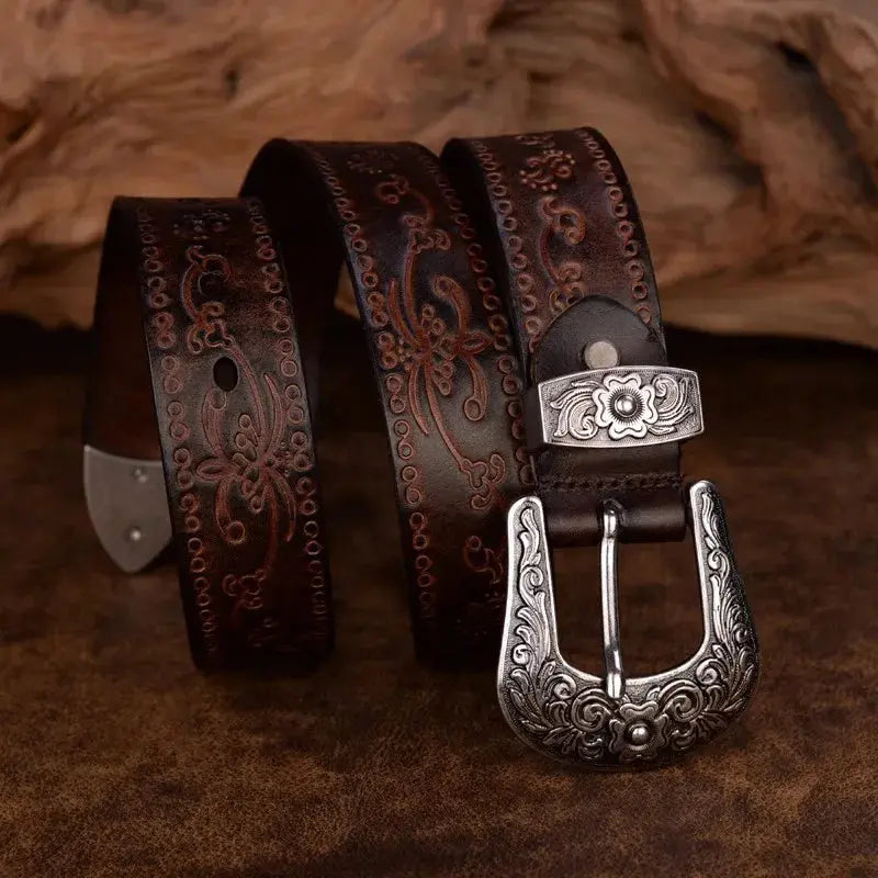 Morgan | Ceinture Western Cuir Marron Gravée Boucle Argentée