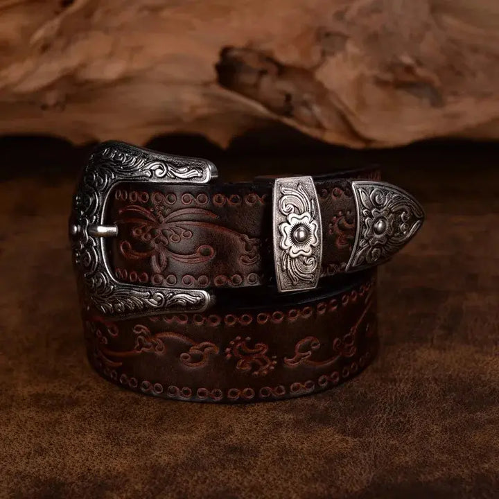 Morgan | Ceinture Western Cuir Marron Gravée Boucle Argentée