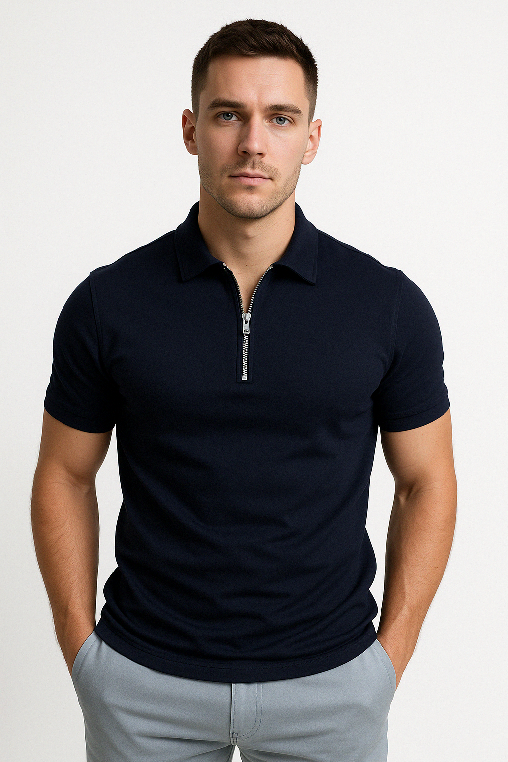 Nathan | Polo Zippé Homme Manches Courtes Marine
