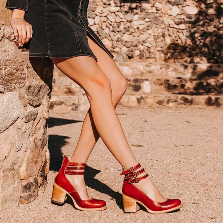 Noémie | Bottines Cuir Marron Femme Talon Épais à Boucles