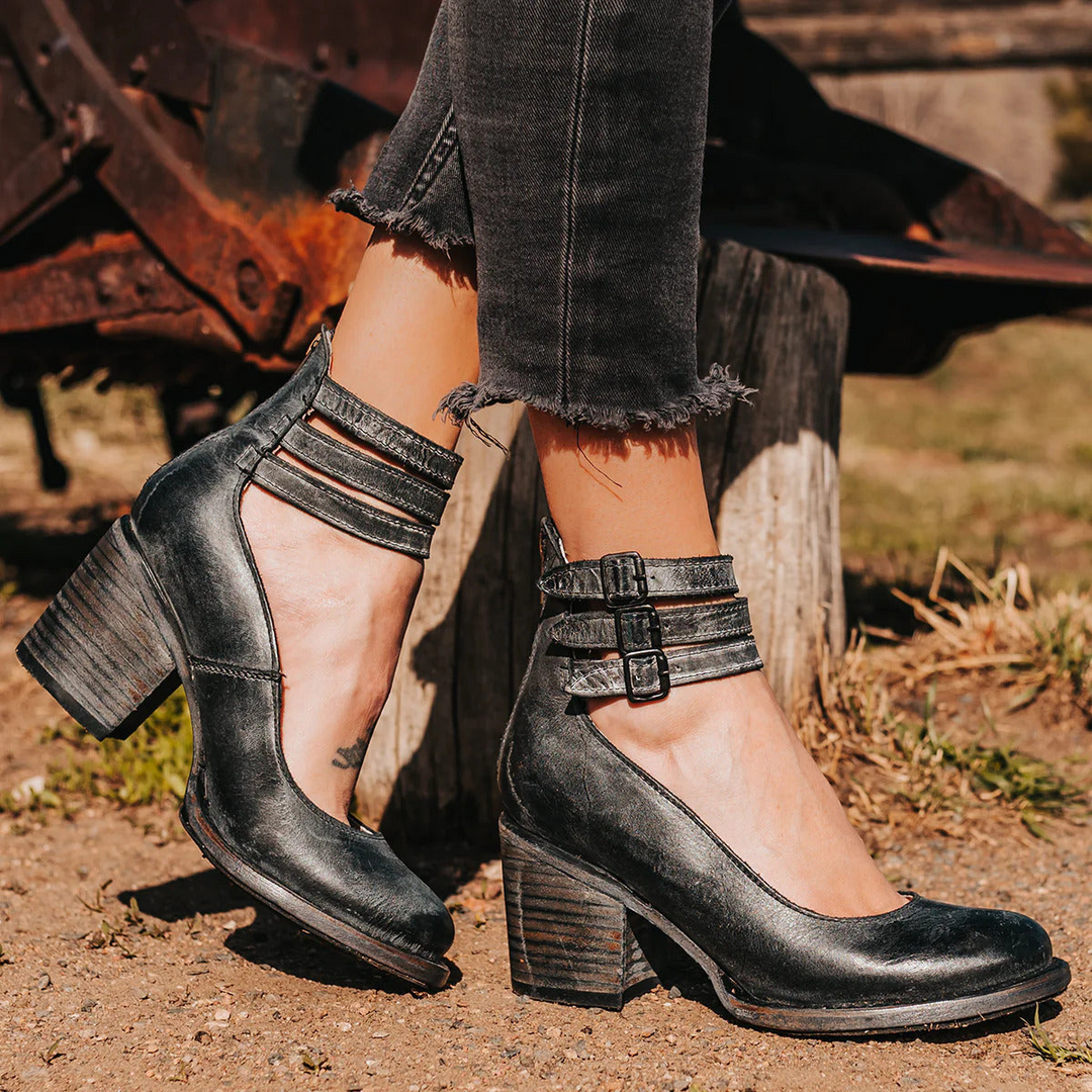 Noémie | Bottines Cuir Marron Femme Talon Épais à Boucles