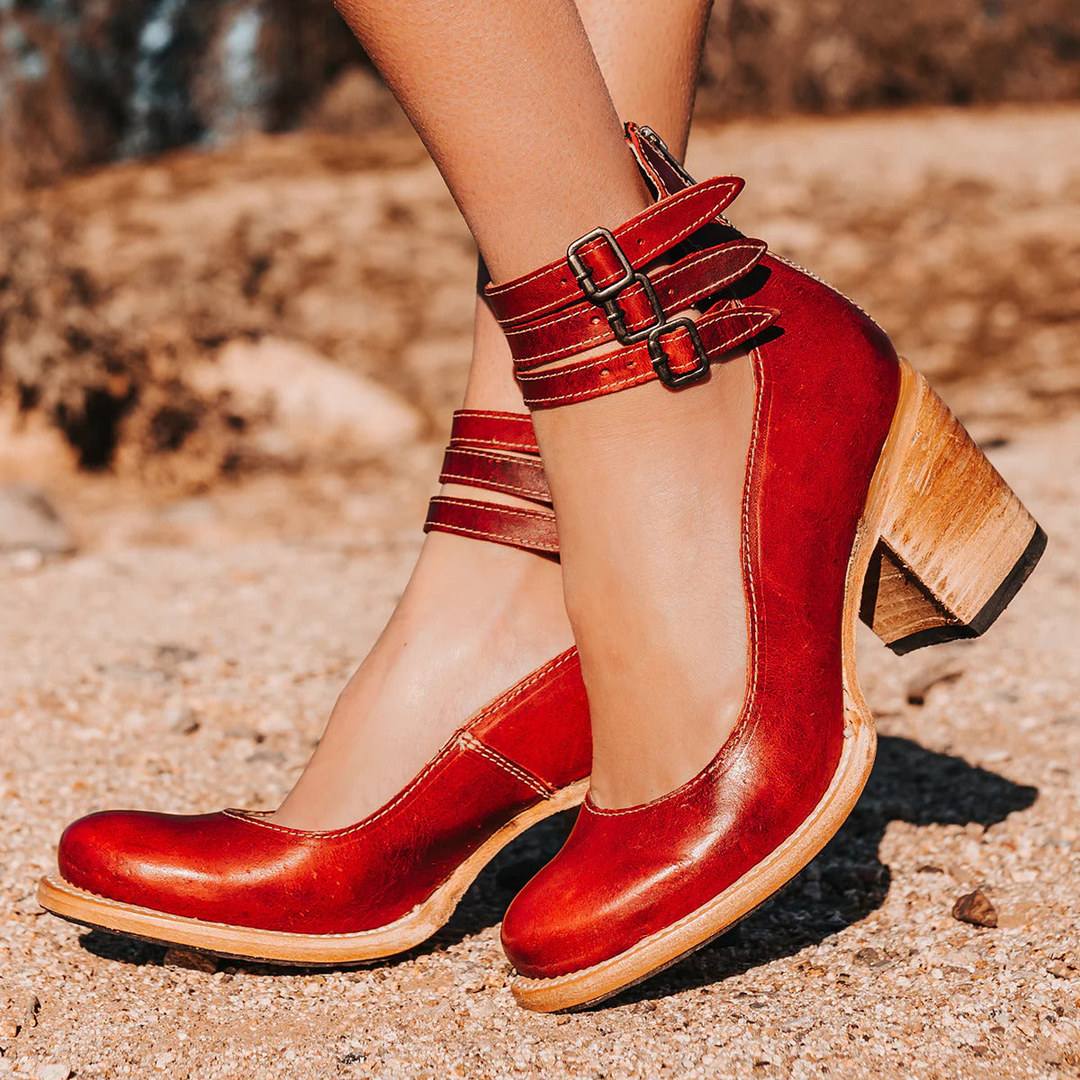 Noémie | Bottines Cuir Marron Femme Talon Épais à Boucles