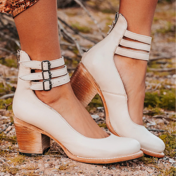 Noémie | Bottines Cuir Marron Femme Talon Épais à Boucles