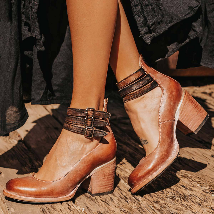 Noémie | Bottines Cuir Marron Femme Talon Épais à Boucles