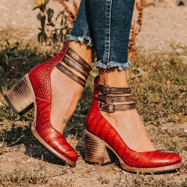 Noémie | Bottines Cuir Marron Femme Talon Épais à Boucles