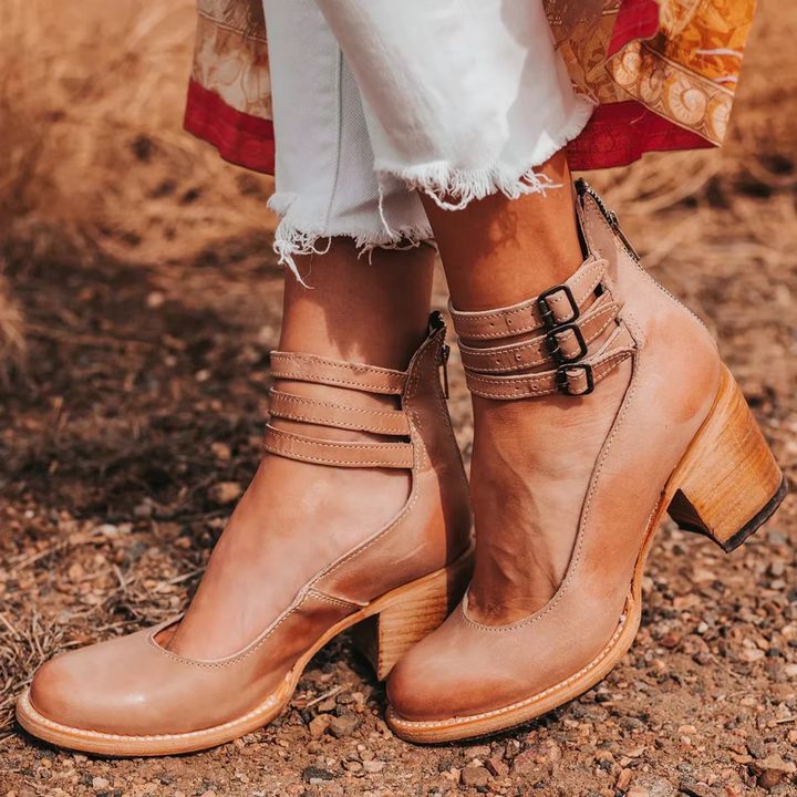 Noémie | Bottines Cuir Marron Femme Talon Épais à Boucles