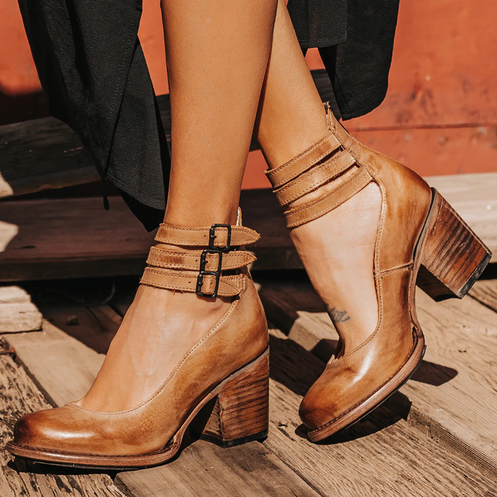Noémie | Bottines Cuir Marron Femme Talon Épais à Boucles