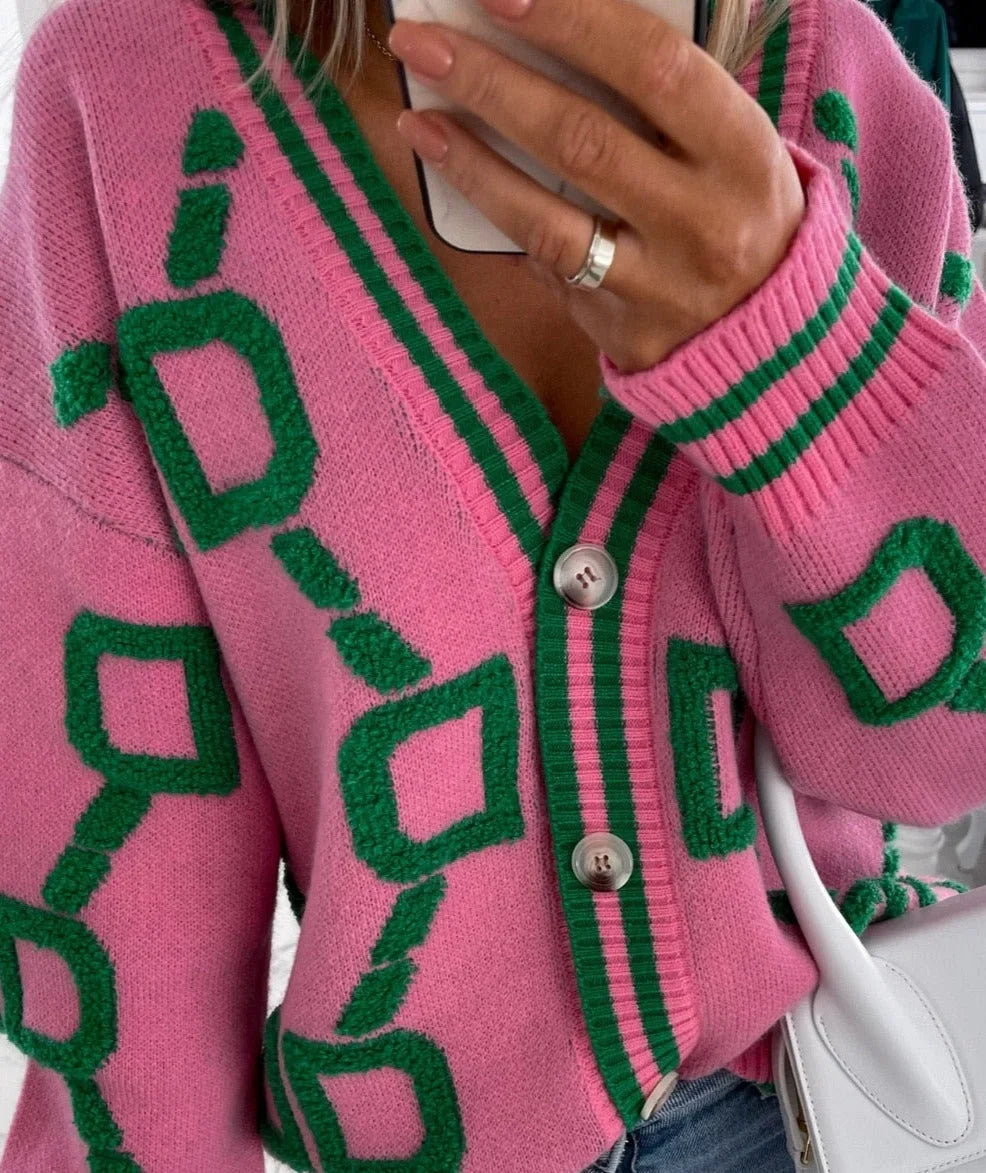 Noémie | Cardigan Femme Rose Géométrique Boutonné Col V