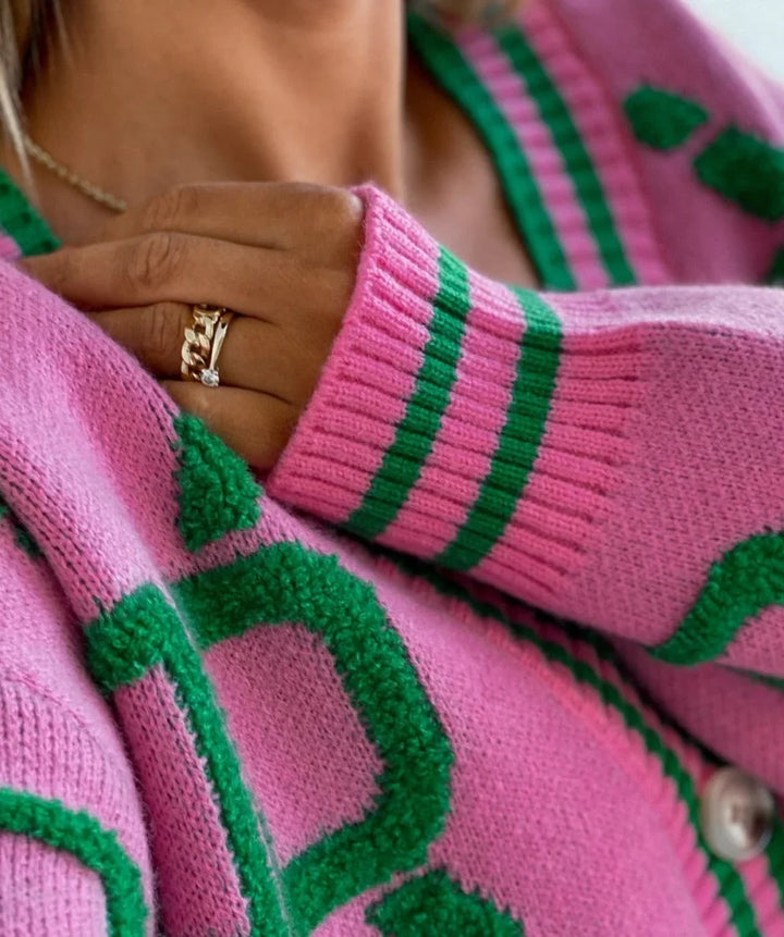 Noémie | Cardigan Femme Rose Géométrique Boutonné Col V