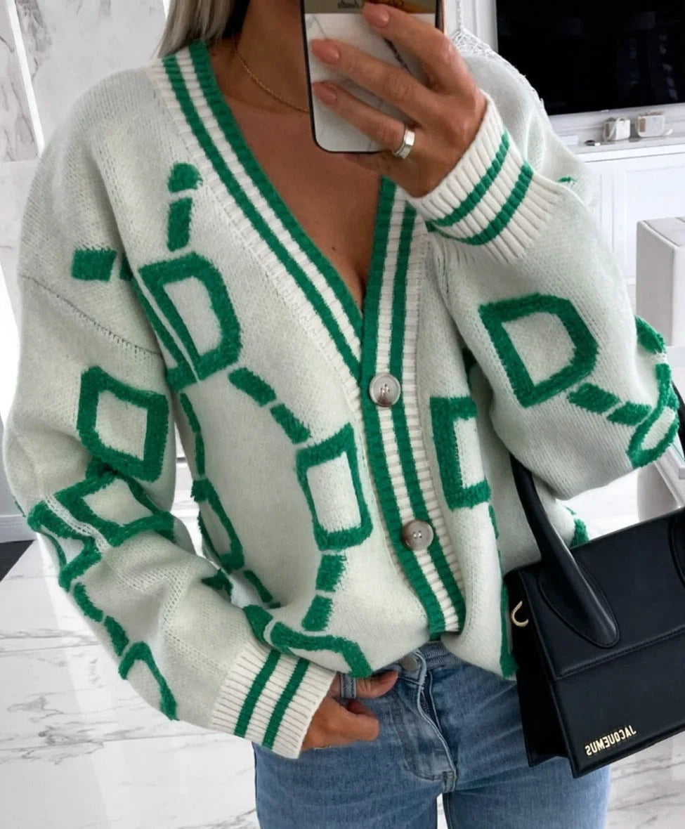 Noémie | Cardigan Femme Rose Géométrique Boutonné Col V