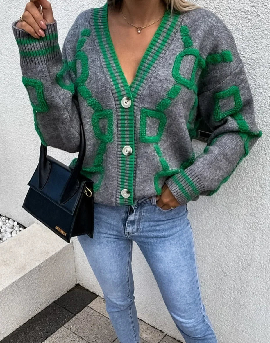 Noémie | Cardigan Femme Rose Géométrique Boutonné Col V
