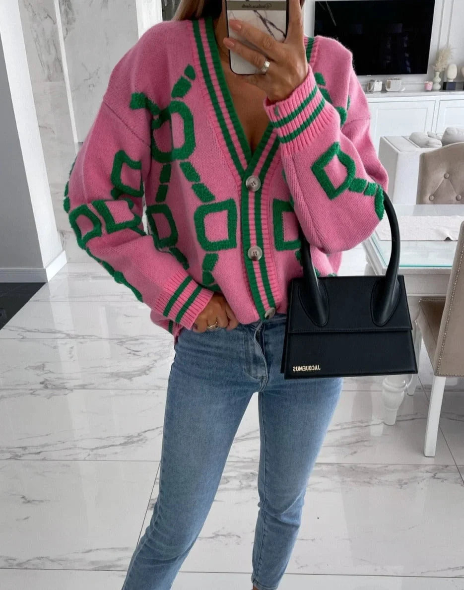 Noémie | Cardigan Femme Rose Géométrique Boutonné Col V