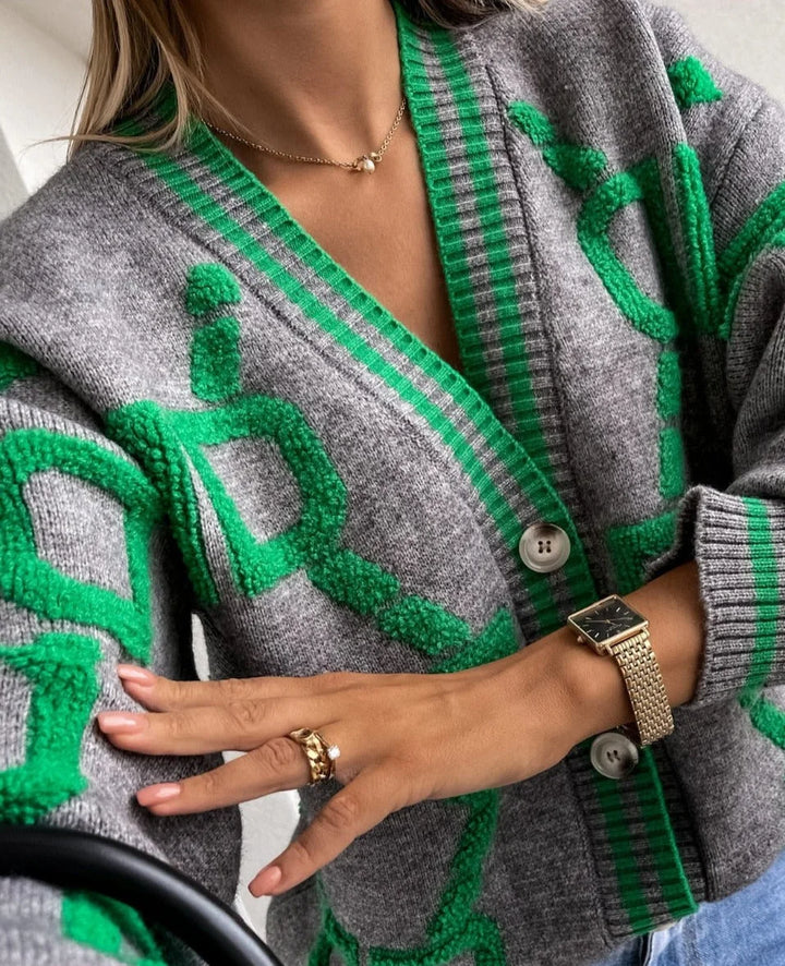 Noémie | Cardigan Femme Rose Géométrique Boutonné Col V