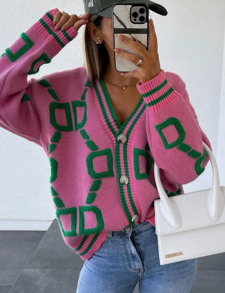 Noémie | Cardigan Femme Rose Géométrique Boutonné Col V
