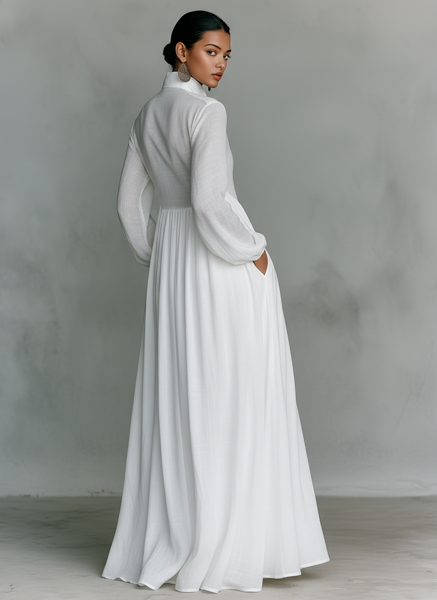 Noémie | Robe Femme Maxi Blanche Manches Longues