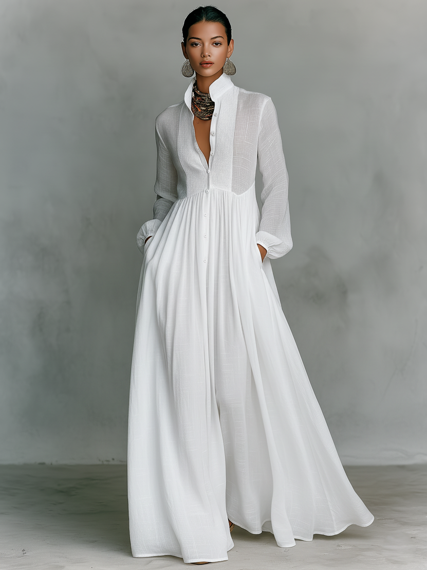 Noémie | Robe Femme Maxi Blanche Manches Longues