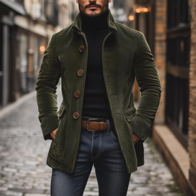 Olivier | Manteau Homme Velours Côtelé Vert Boutonné