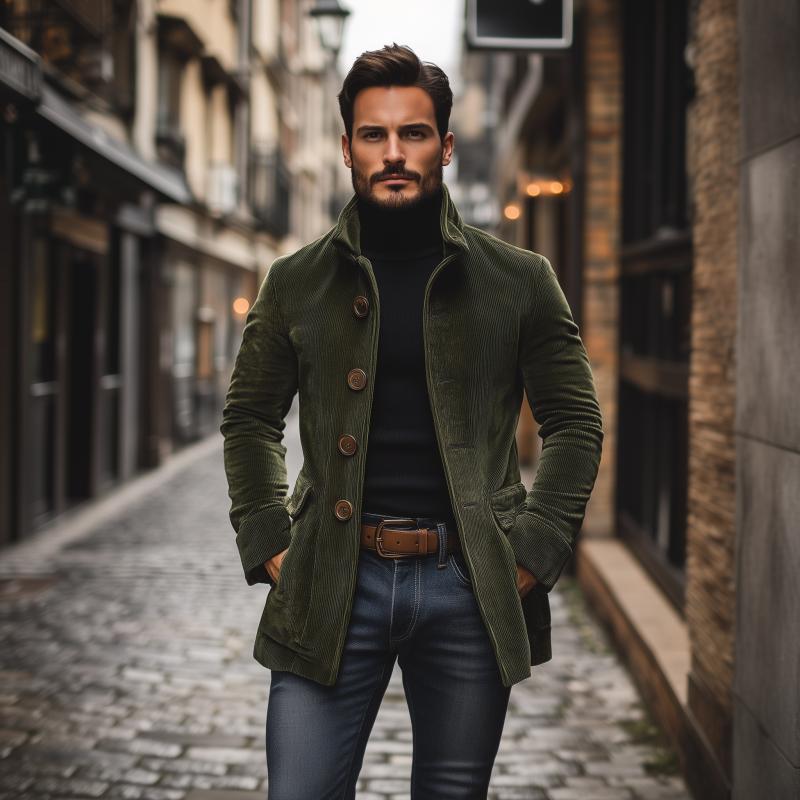 Olivier | Manteau Homme Velours Côtelé Vert Boutonné