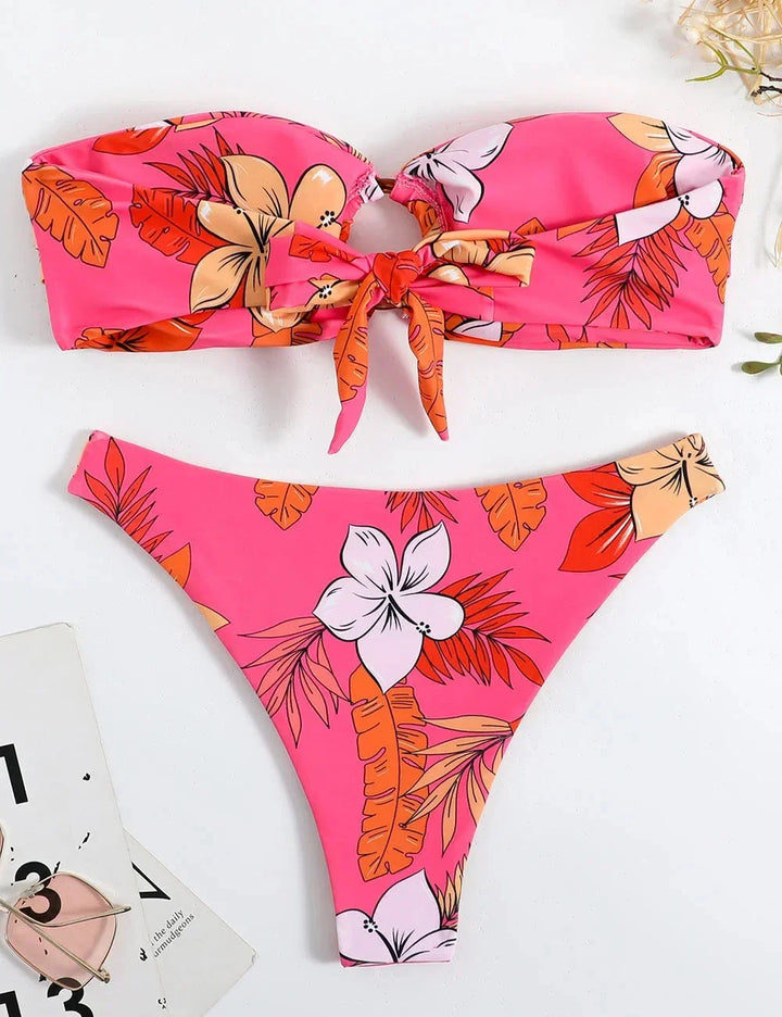 Pauline | Bikini Bandeau Fleuri Rose Tropical