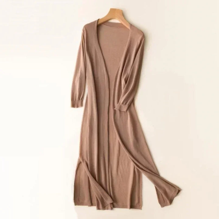 Pauline | Cardigan Long Femme Marron Ouvert Col V