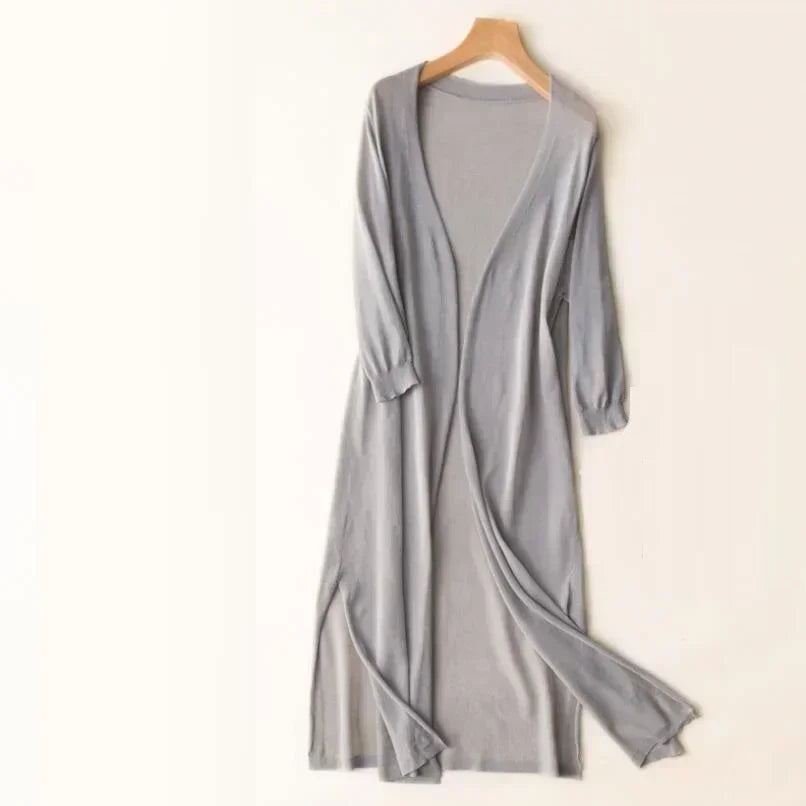 Pauline | Cardigan Long Femme Marron Ouvert Col V