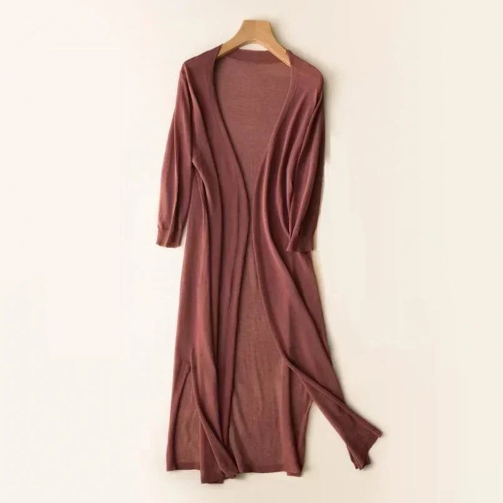Pauline | Cardigan Long Femme Marron Ouvert Col V
