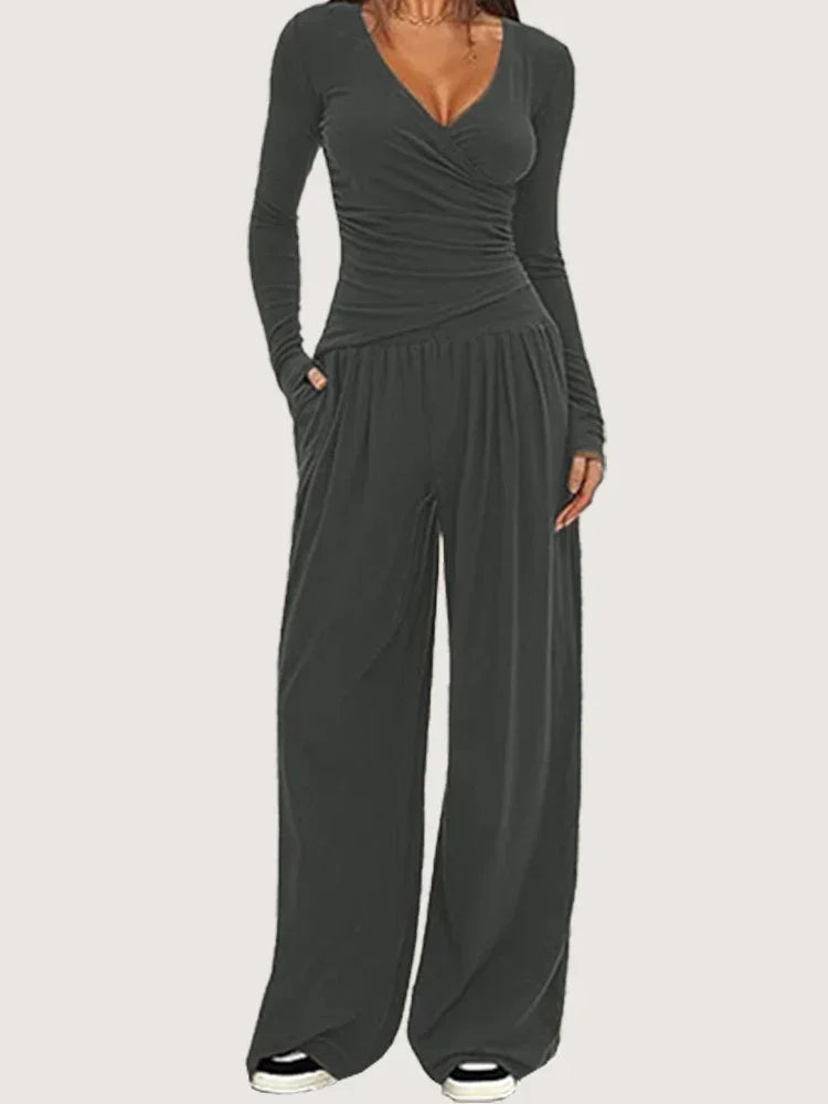 Pauline | Combinaison Femme Noire Jambe Large Manches Longues