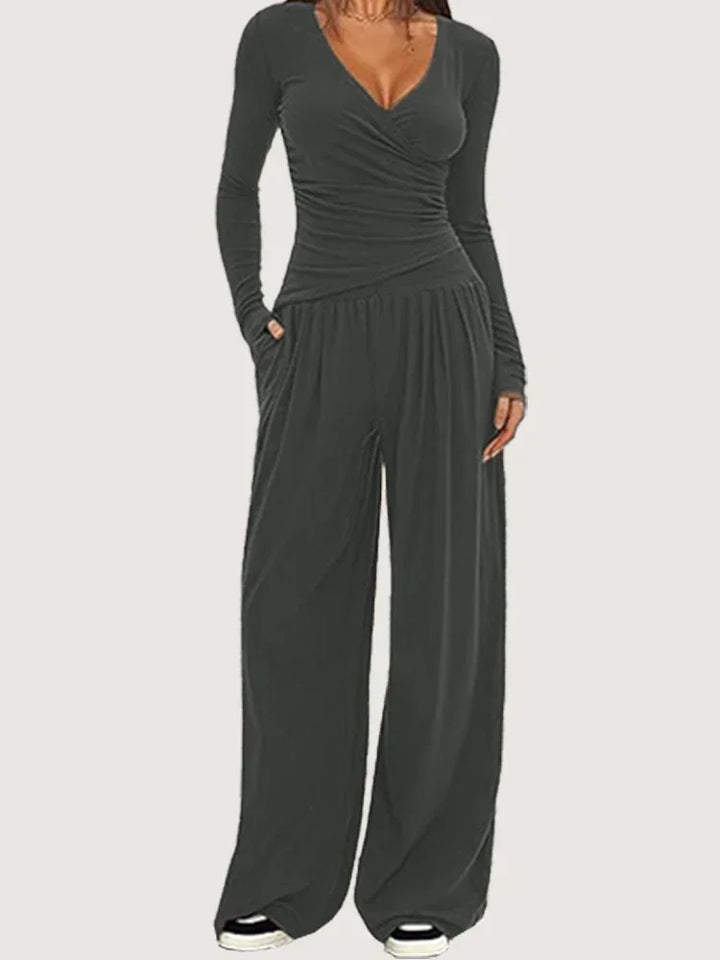 Pauline | Combinaison Femme Noire Jambe Large Manches Longues