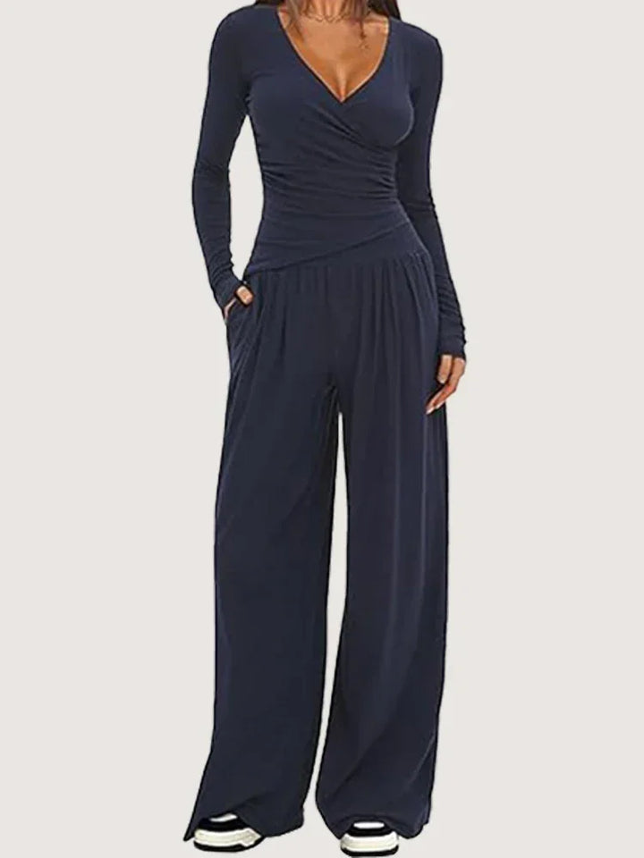 Pauline | Combinaison Femme Noire Jambe Large Manches Longues