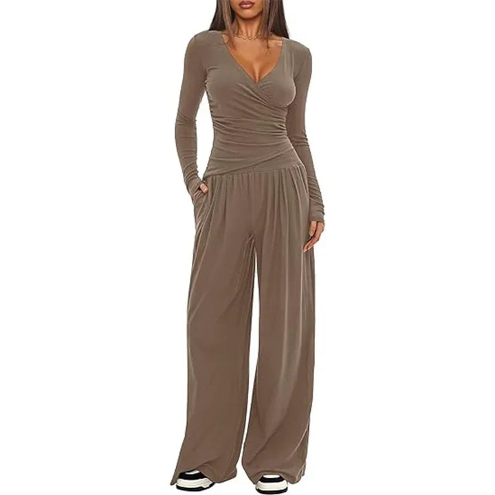 Pauline | Combinaison Femme Noire Jambe Large Manches Longues